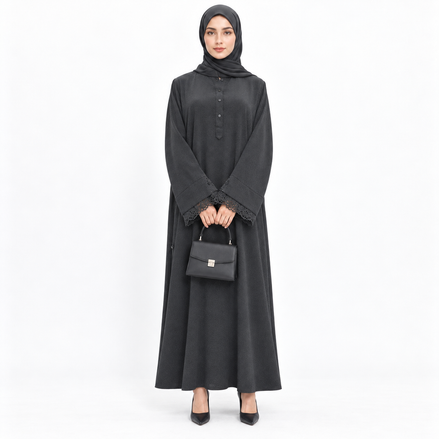 Black Shirt Abaya with Lace Sleeve Detail