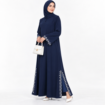 Navy Embroidered Modest Abaya with Matching Hijab