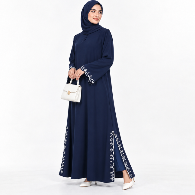 Navy Embroidered Modest Abaya with Matching Hijab