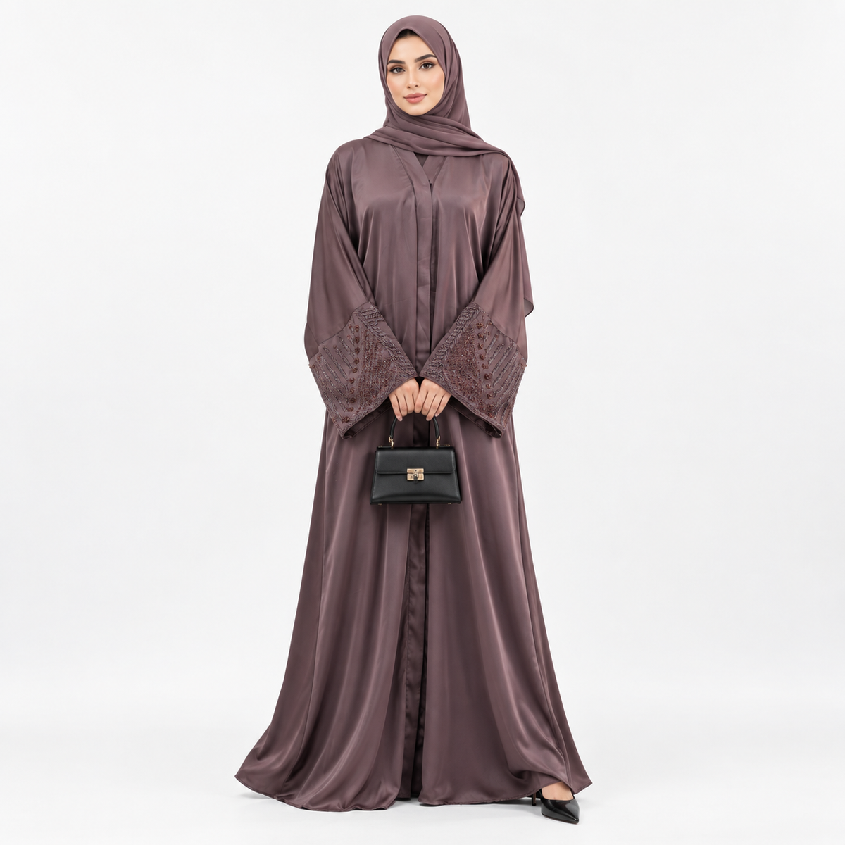 Mauve Beaded Satin Abaya