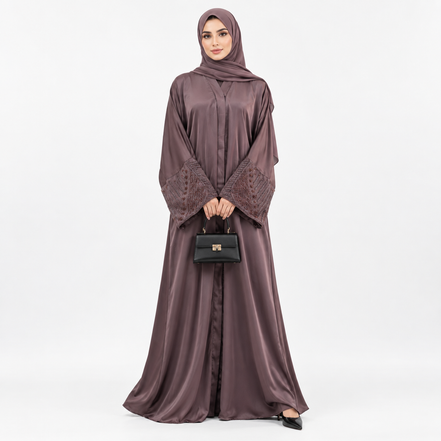 Mauve Beaded Satin Abaya