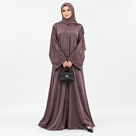 Mauve Beaded Satin Abaya