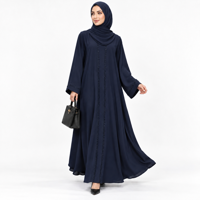 Blue Beaded Open Abaya with Belt