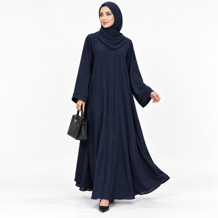 Blue Beaded Open Abaya with Belt
