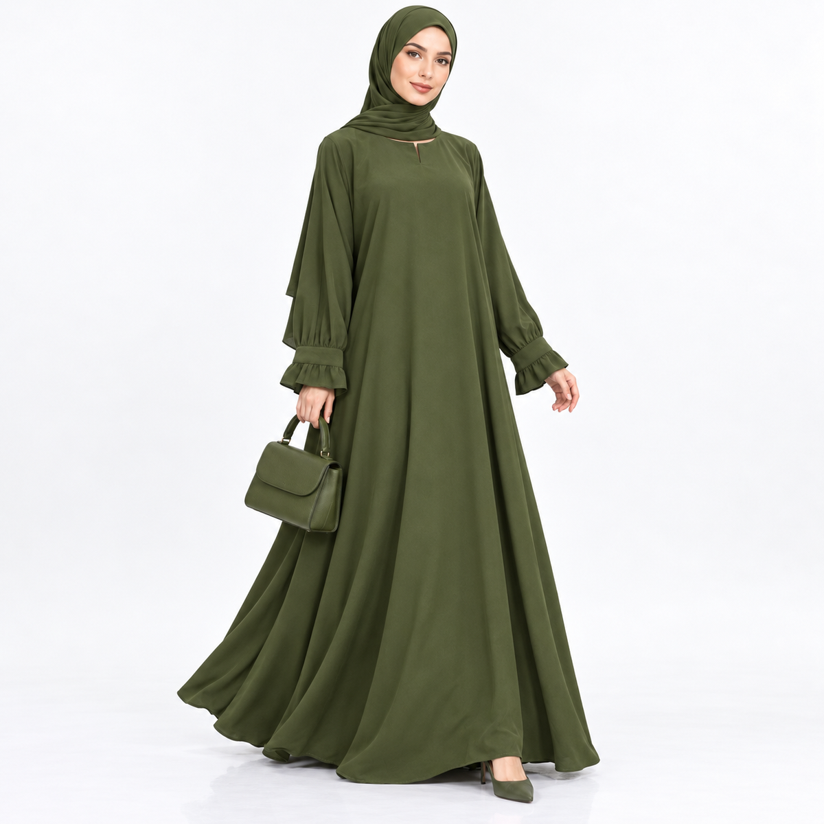 Olive Green Modest Maxi Dress with zip Pockets