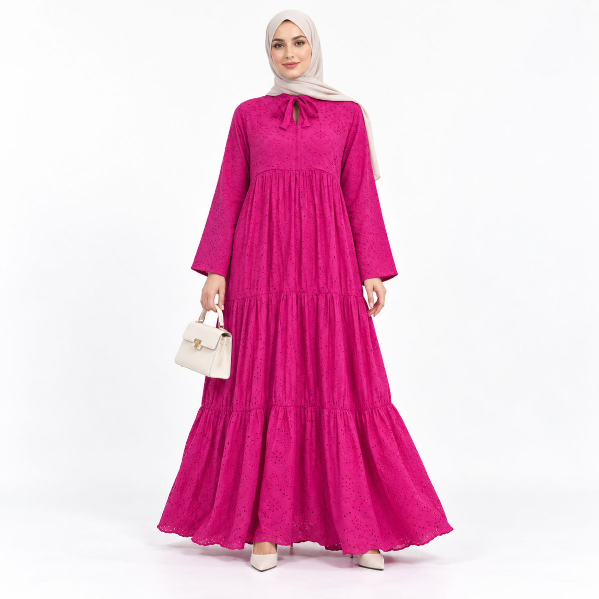 Fuchsia Pink Embroidered Cotton Tiered Modest Maxi Dress