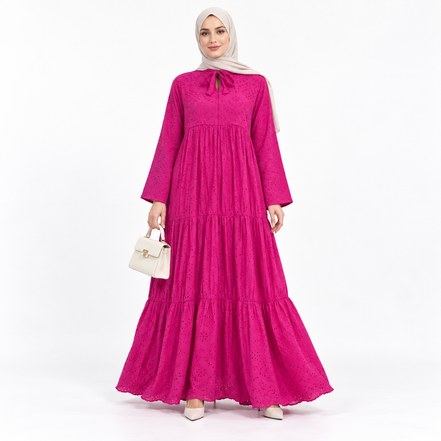 Fuchsia Pink Embroidered Cotton Tiered Modest Maxi Dress