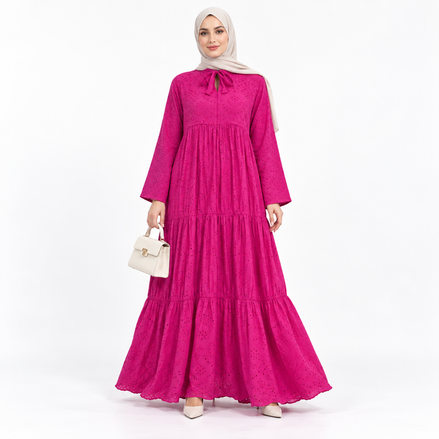 Fuchsia Pink Embroidered Cotton Tiered Modest Maxi Dress