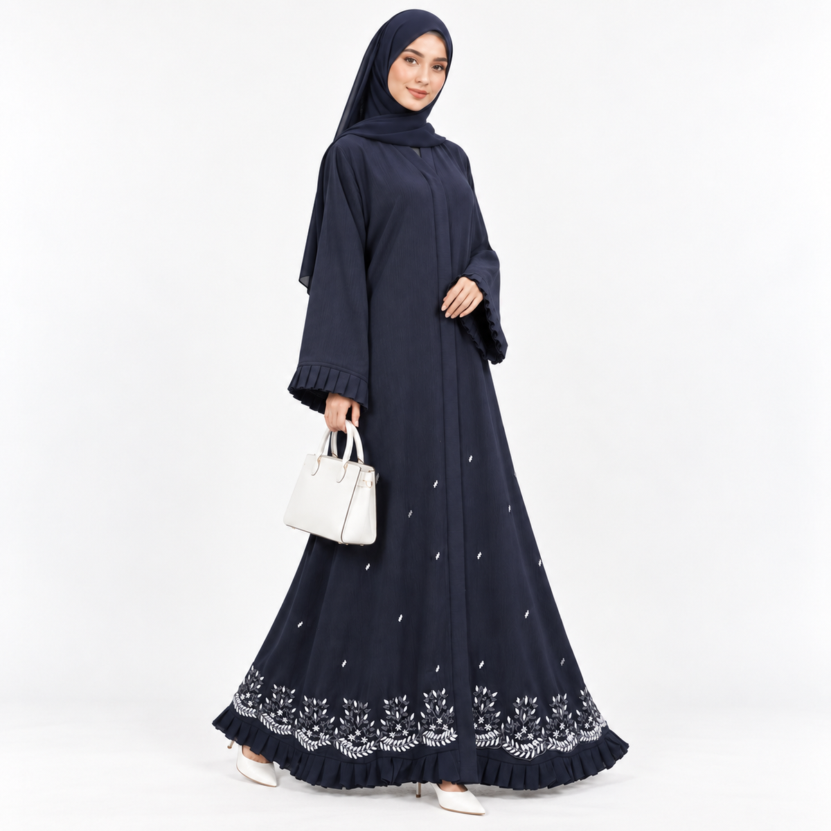 Navy Blue Pleated Hem Abaya with White beaded Border and Ruffle Trim | Luxury Modest Wear