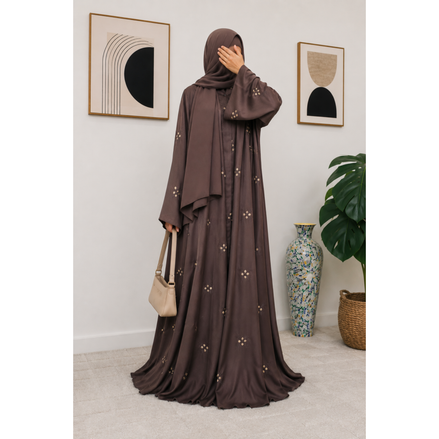 Taupe Floral Embroidered Modest Abaya Dress