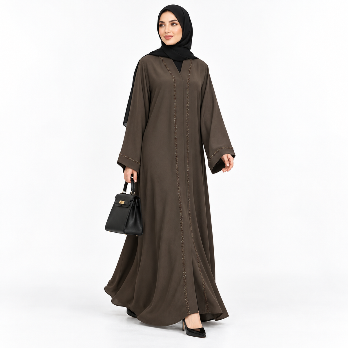 Brown Beaded Open Abaya with Belt