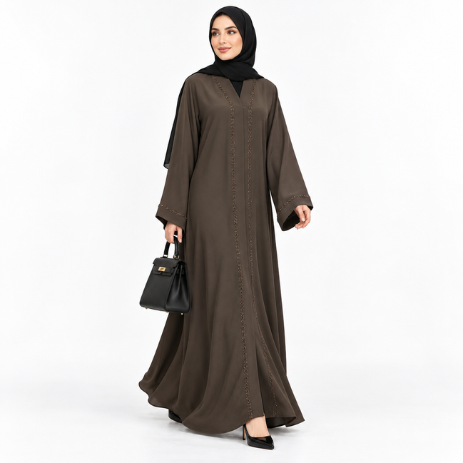 Brown Beaded Open Abaya with Belt