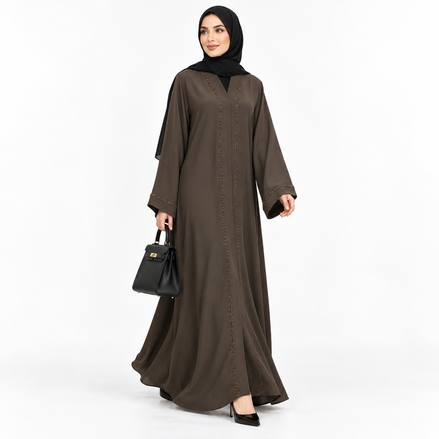 Brown Beaded Open Abaya with Belt