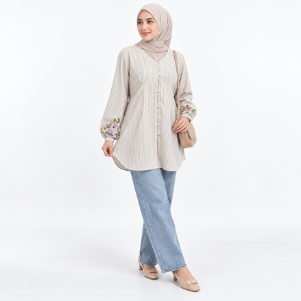 Striped Modest Shirt with Bird Embroidery