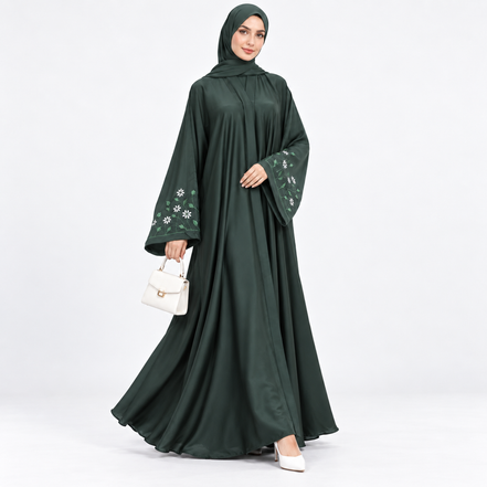 Forest Green Abaya with Floral Embroidered Sleeves