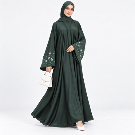 Forest Green Abaya with Floral Embroidered Sleeves