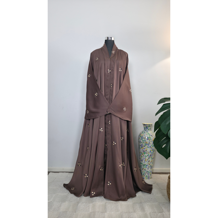 Taupe Floral Embroidered Modest Abaya Dress