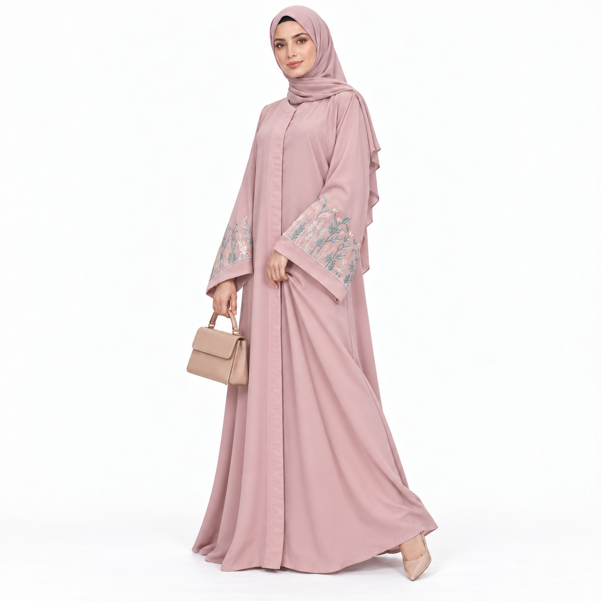 Blush Pink Embroidered Sleeve Abaya