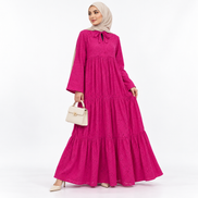 Fuchsia Pink Embroidered Cotton Tiered Modest Maxi Dress