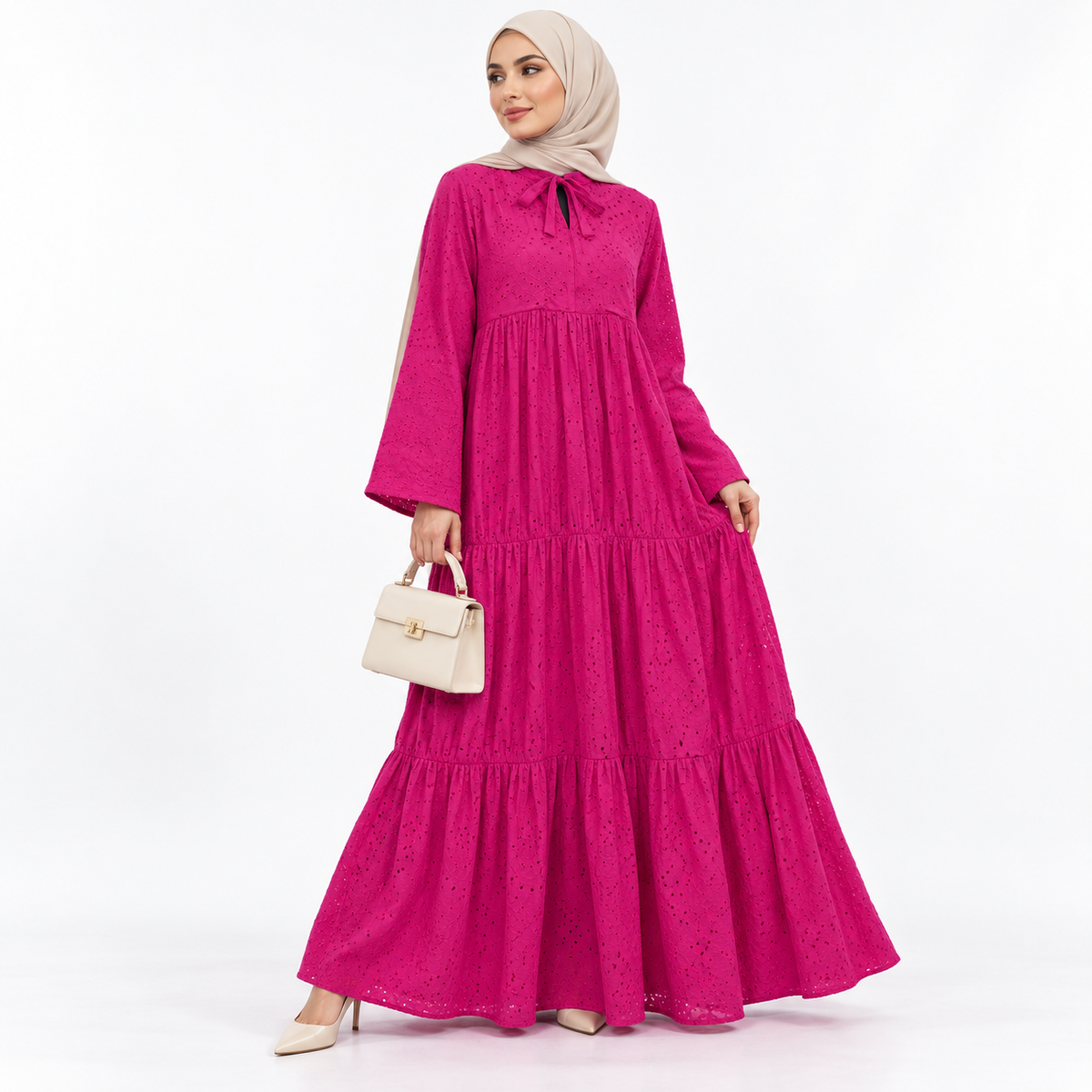 Fuchsia Pink Embroidered Cotton Tiered Modest Maxi Dress