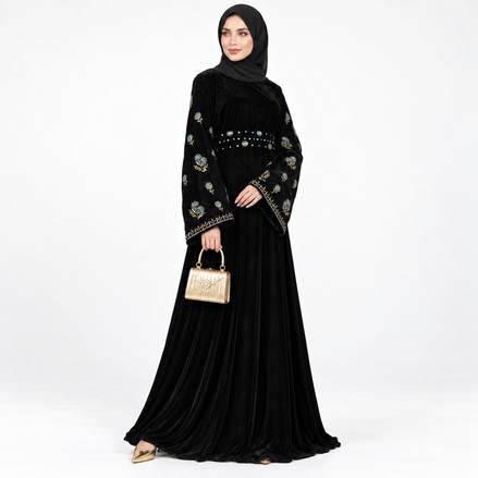 Black Velvet Embroidered Abaya with Matching Hijab