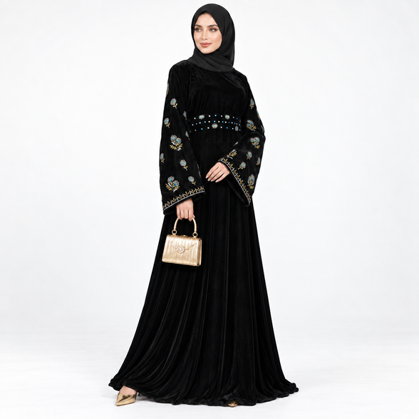 Black Velvet Embroidered Abaya with Matching Hijab