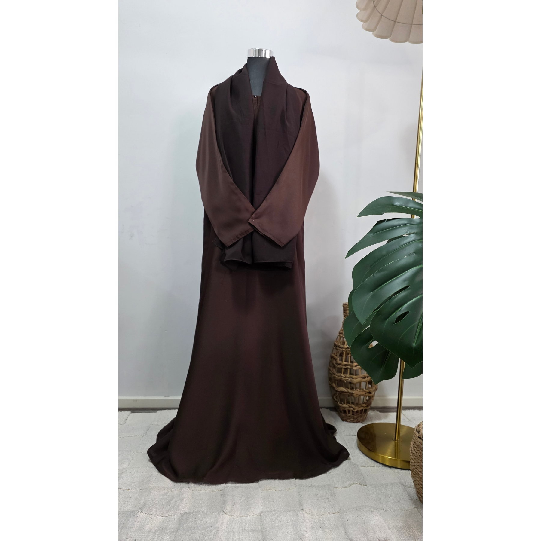 Brown Modest Dress with Matching Hijab – Elegant Maxi Abaya