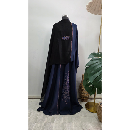 Navy Blue Embroidered Abaya with Matching Embroidered Hijab