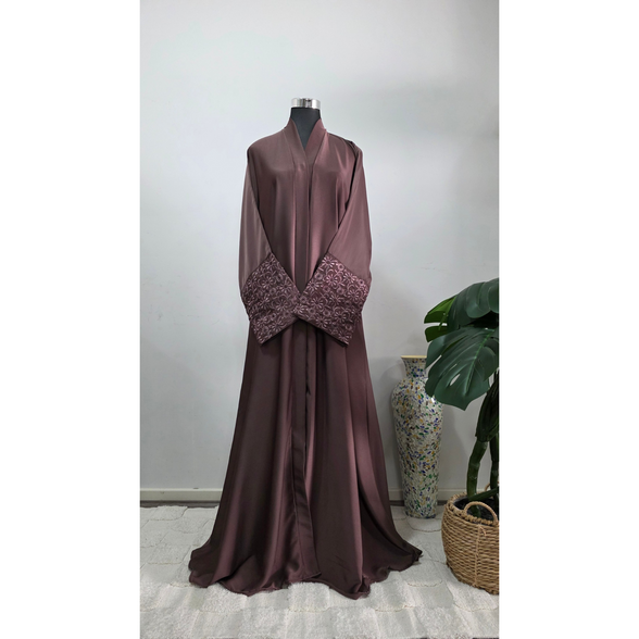 Taupe Abaya with Embroidered Cuffs