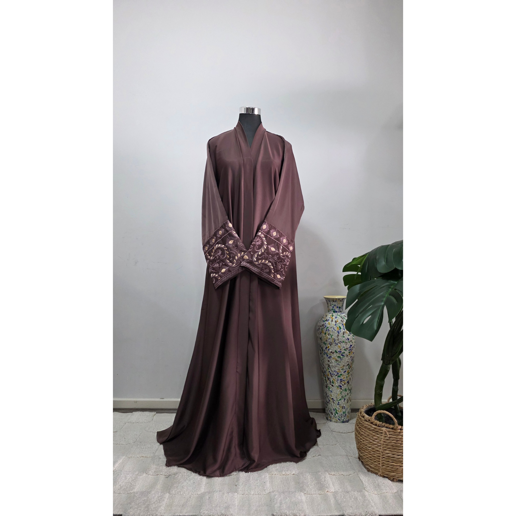 Taupe abaya with Embroidered sleeves