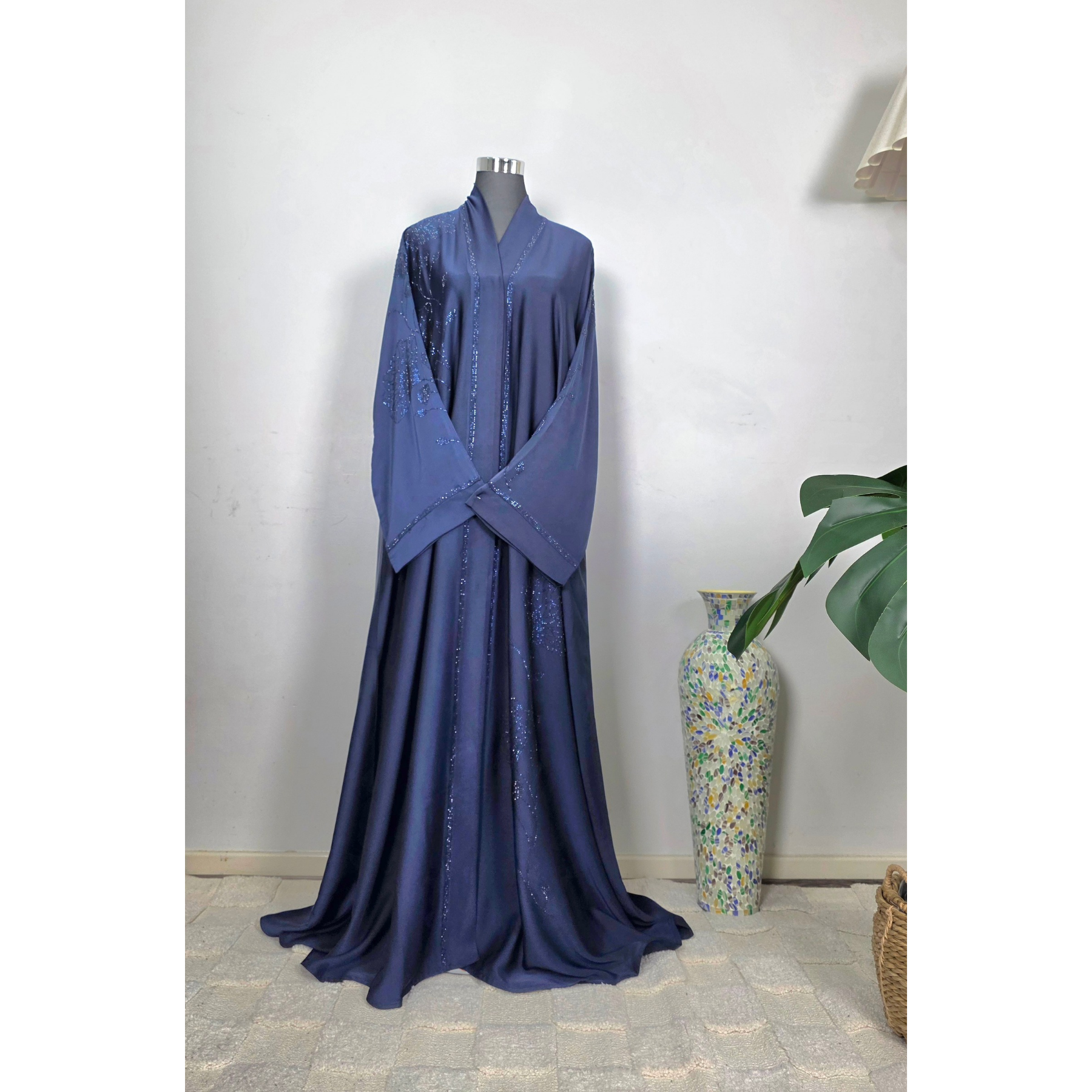 Blue Satin Abaya with DMC stone work