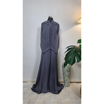 Gray Embellished Abaya with Beaded Details