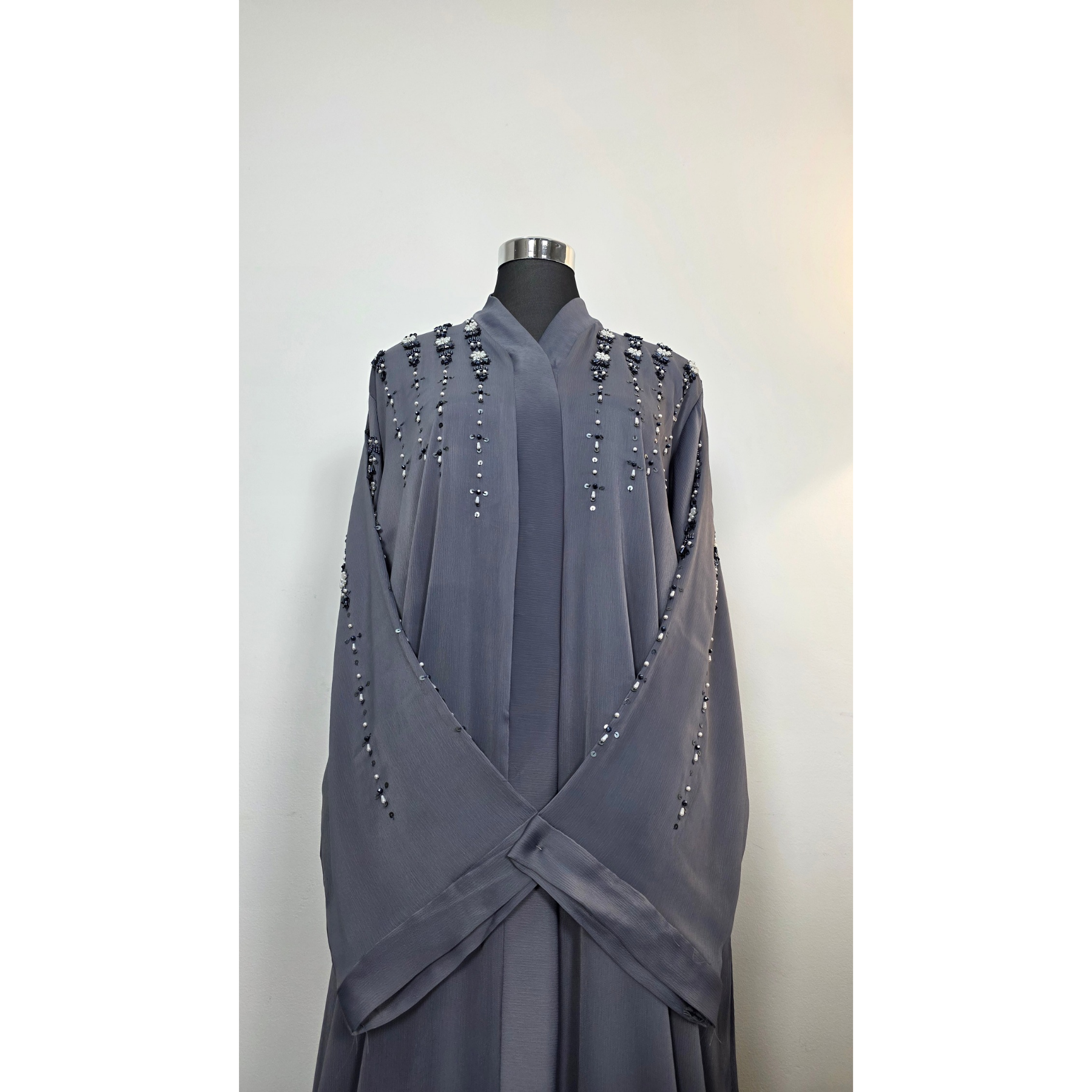 Gray Embellished Abaya with Beaded Details