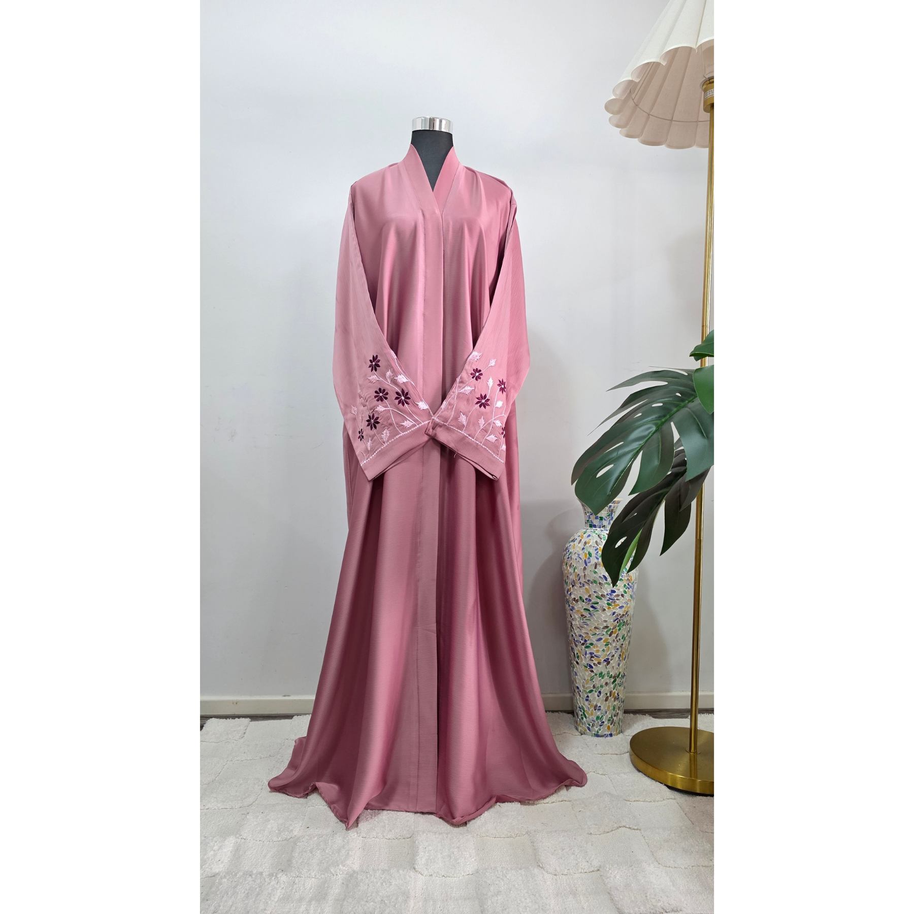 Pink Abaya with Floral Embroidered Sleeves