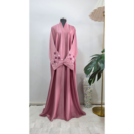 Pink Abaya with Floral Embroidered Sleeves