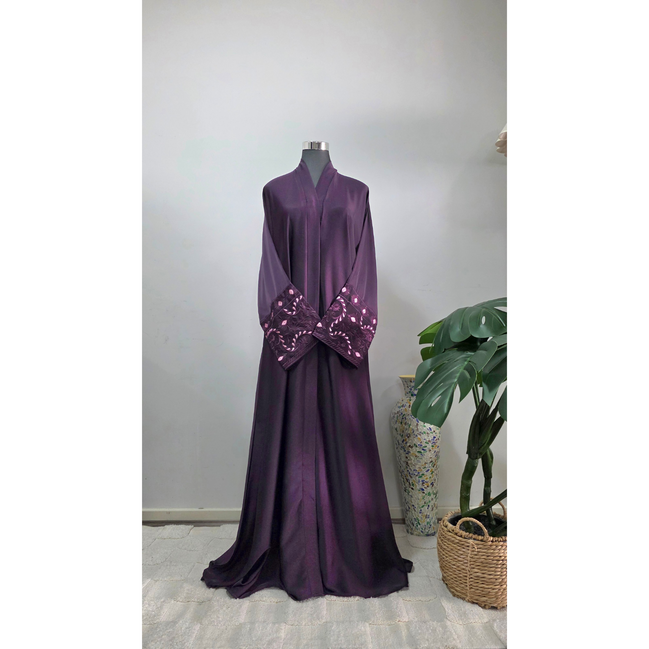 Plum Purple abaya with Embroidered sleeves