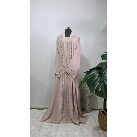 Blush Nude Pearl and Beaded 3 piece Abaya Set with Hijab | Luxury Modest Wear
