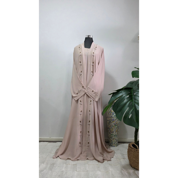 Blush Nude Pearl and Beaded 3 piece Abaya Set with Hijab | Luxury Modest Wear