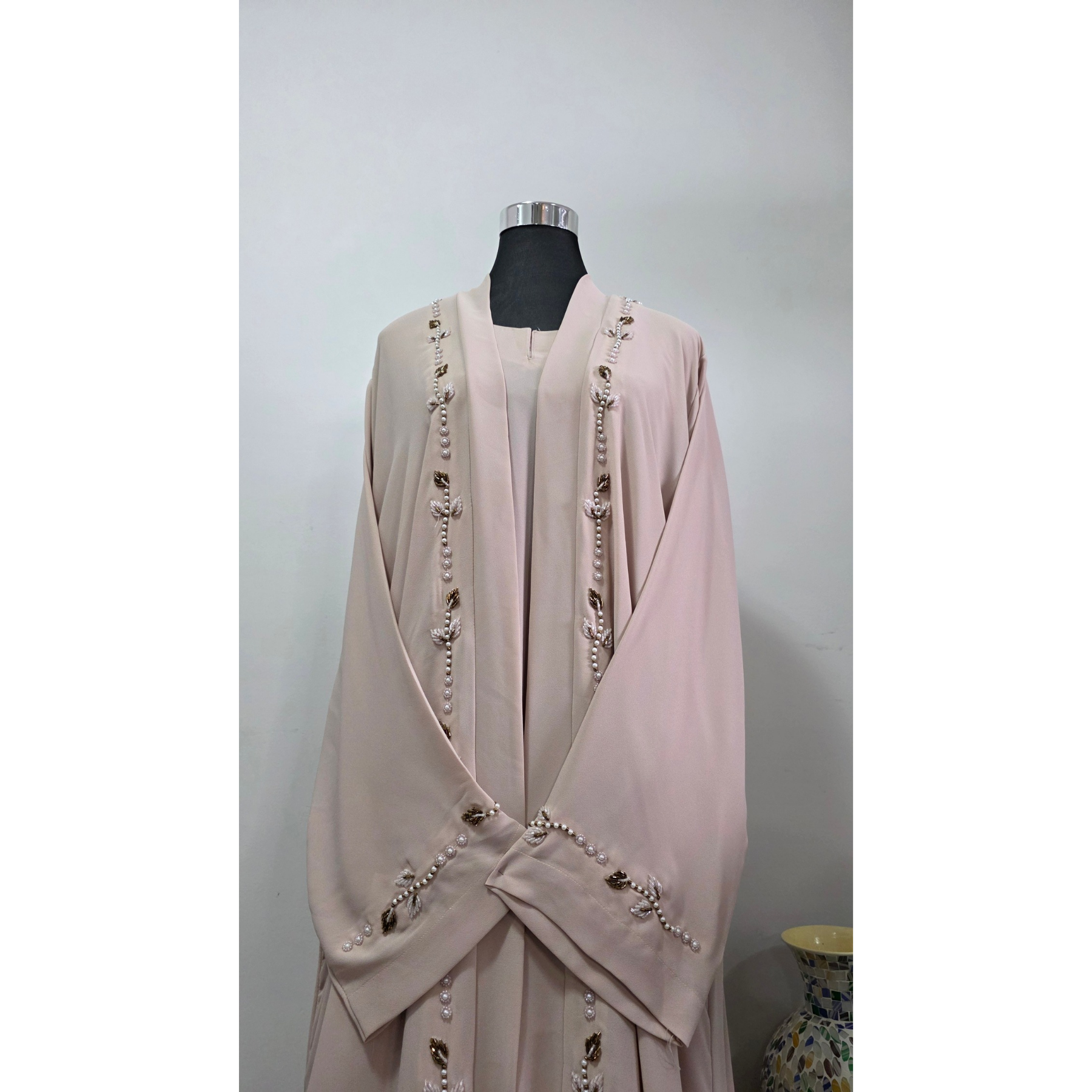 Blush Nude Pearl and Beaded 3 piece Abaya Set with Hijab | Luxury Modest Wear