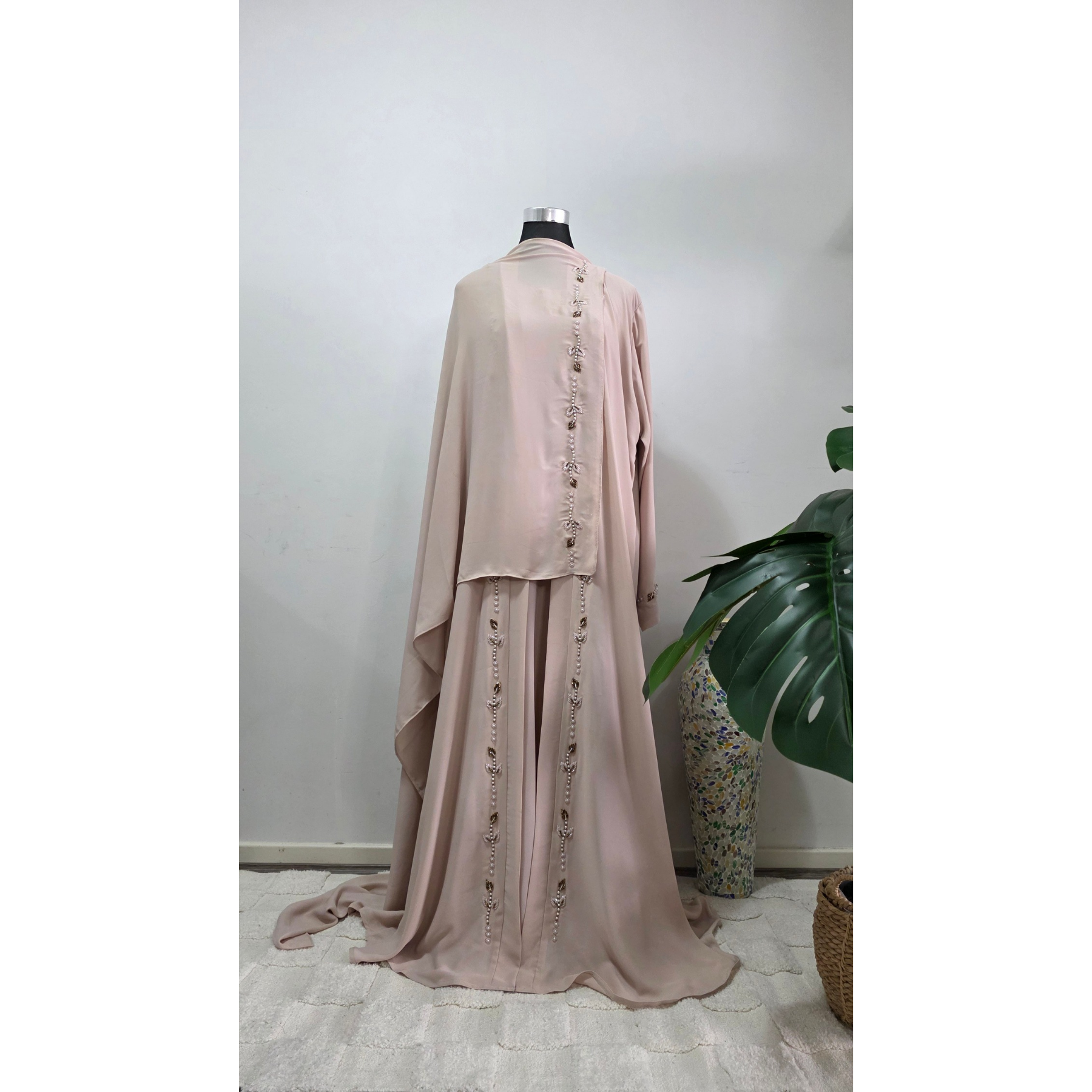 Blush Nude Pearl and Beaded 3 piece Abaya Set with Hijab | Luxury Modest Wear