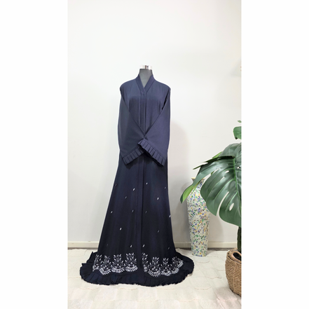 Navy Blue Pleated Hem Abaya with White beaded Border and Ruffle Trim | Luxury Modest Wear
