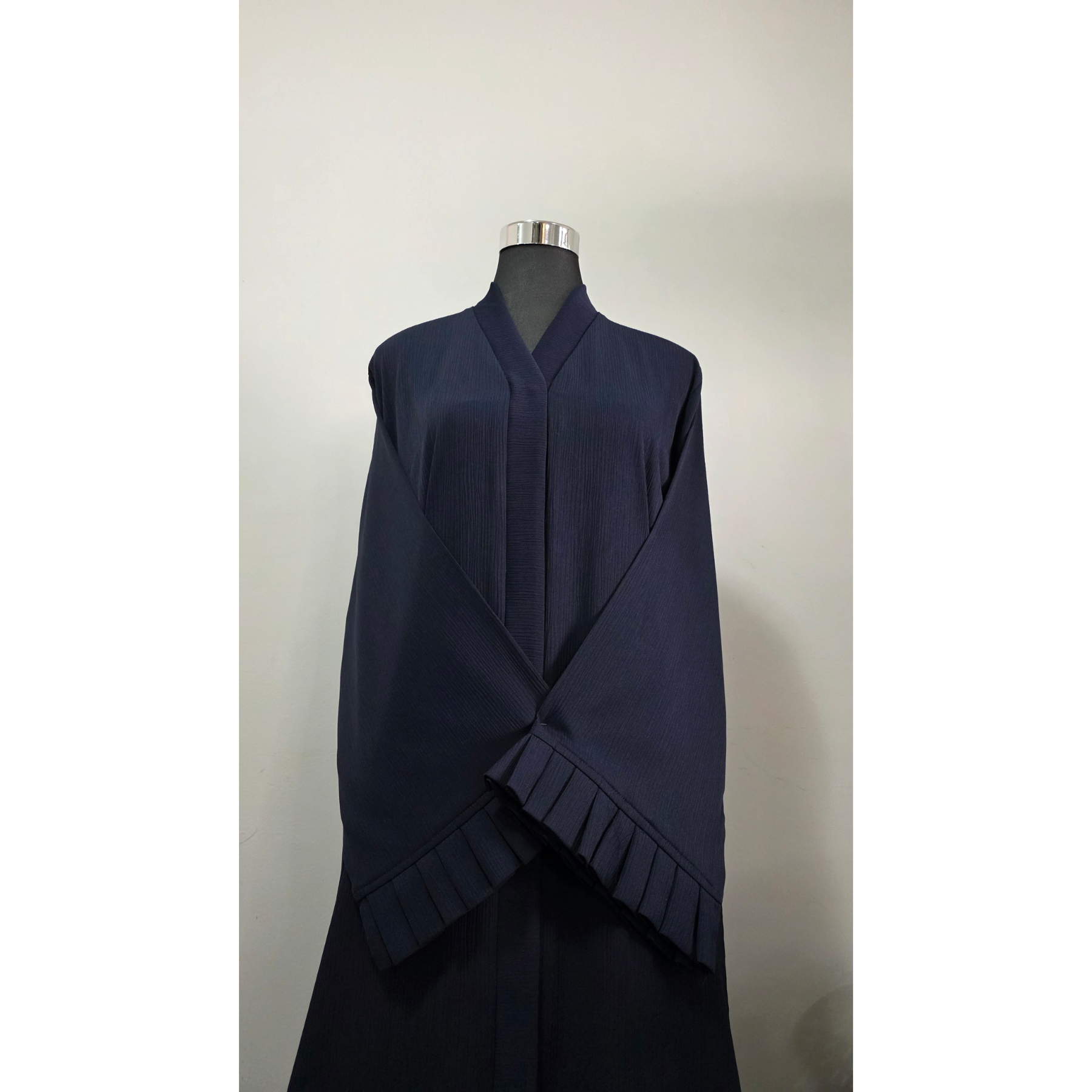Navy Blue Pleated Hem Abaya with White beaded Border and Ruffle Trim | Luxury Modest Wear