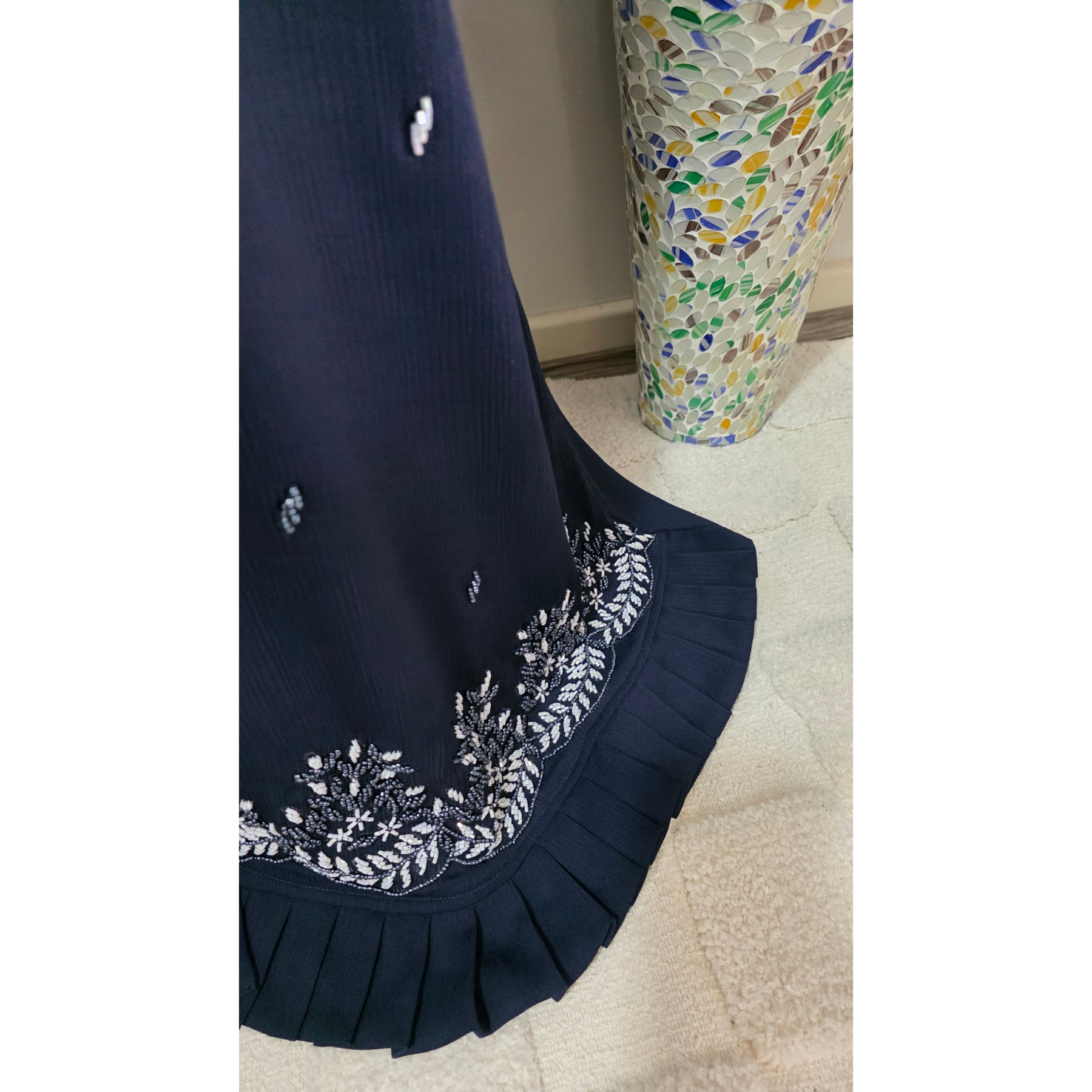 Navy Blue Pleated Hem Abaya with White beaded Border and Ruffle Trim | Luxury Modest Wear