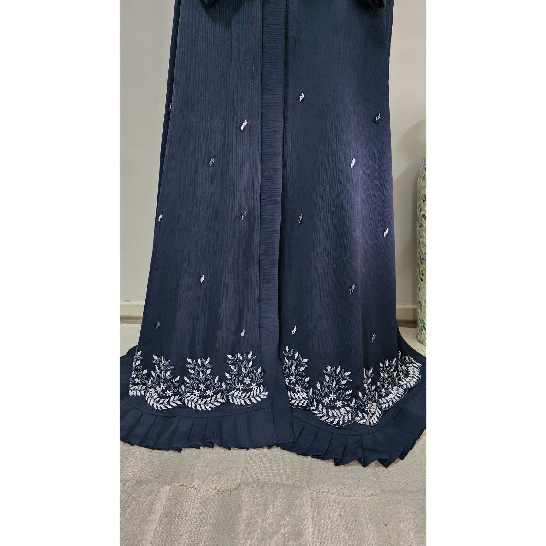 Navy Blue Pleated Hem Abaya with White beaded Border and Ruffle Trim | Luxury Modest Wear
