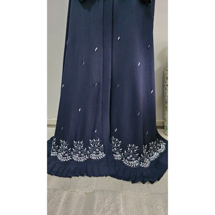 Navy Blue Pleated Hem Abaya with White beaded Border and Ruffle Trim | Luxury Modest Wear