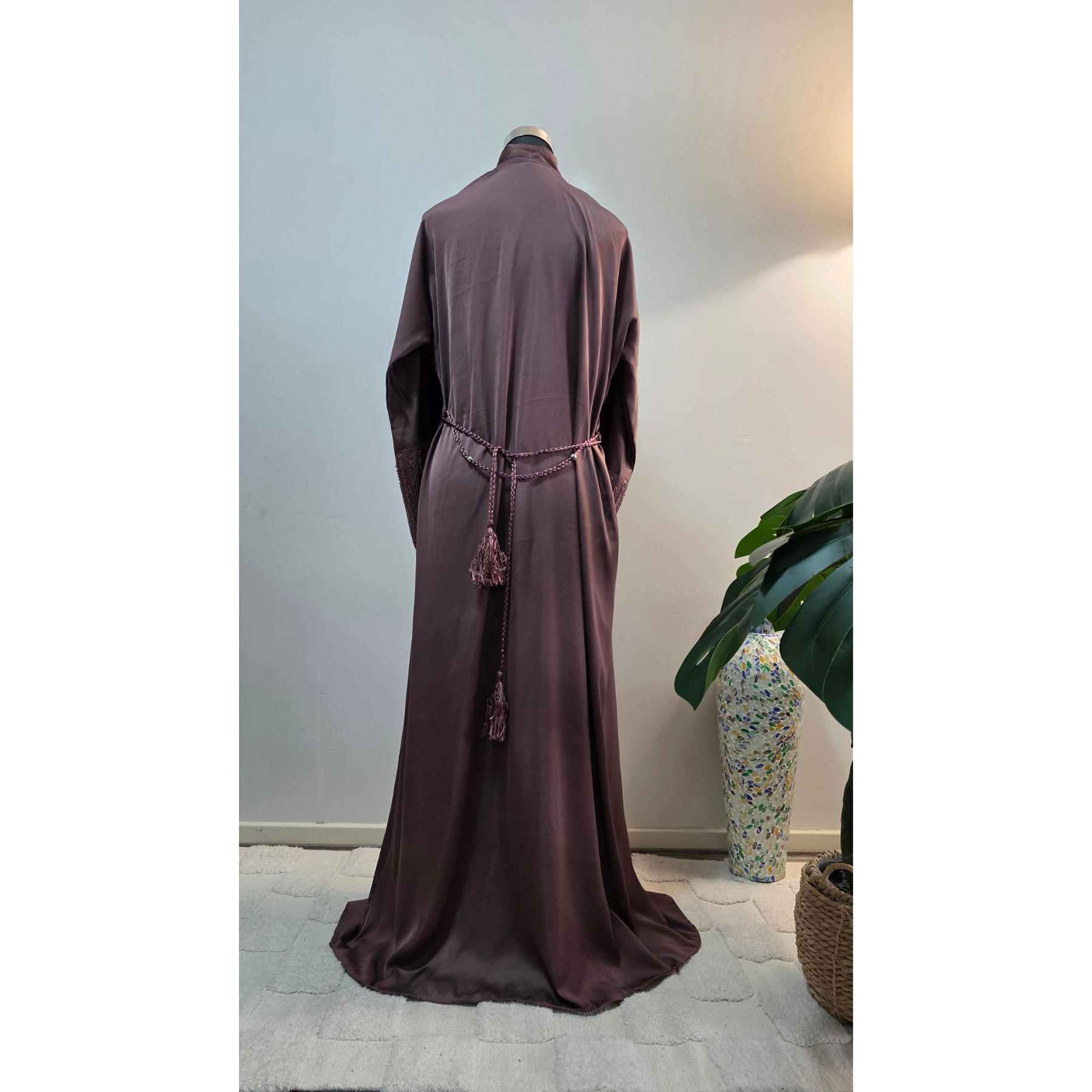 Mauve Beaded Satin Abaya