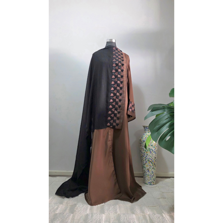 Chocolate Brown Abaya with Geometric Triangle Appliqué
