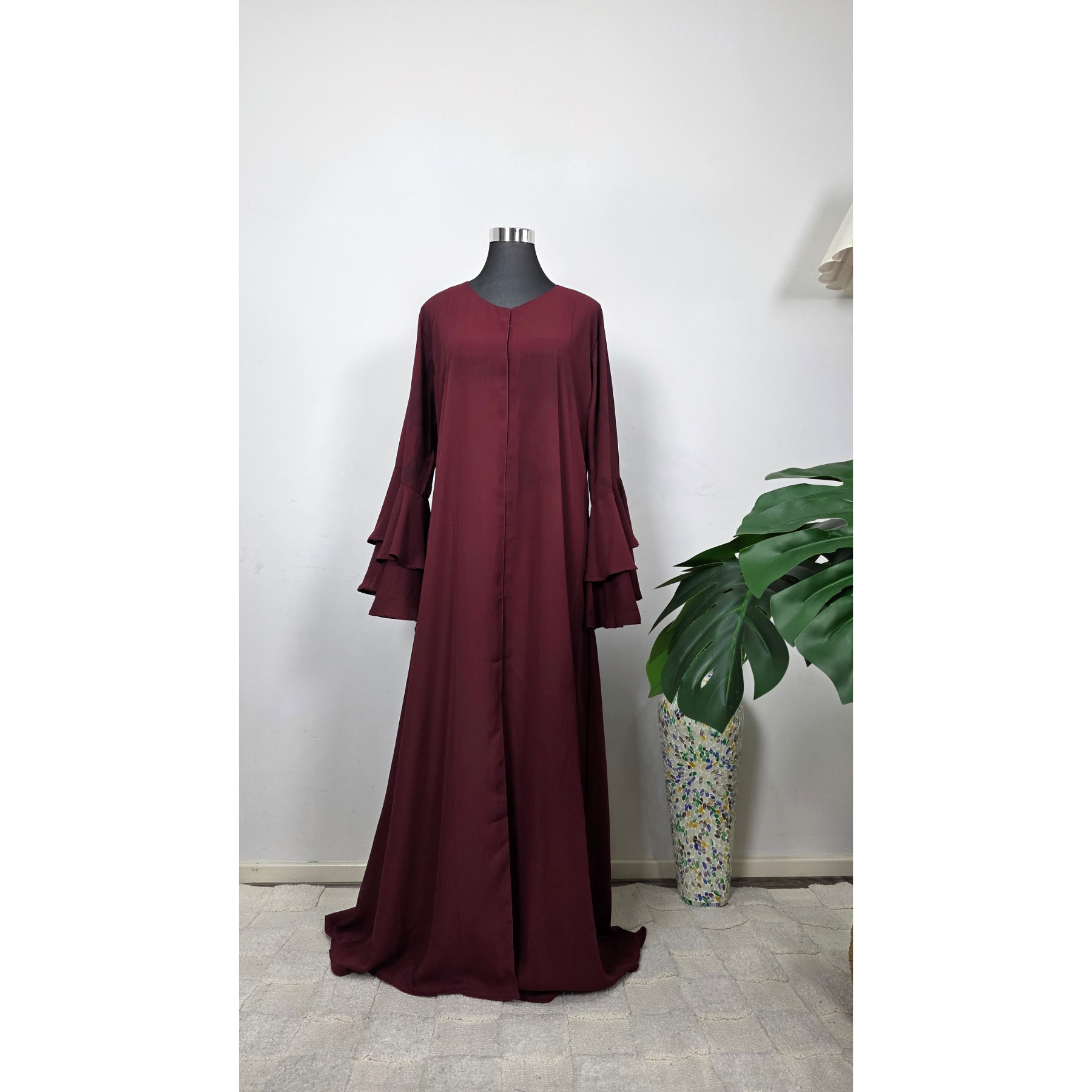 Burgundy Double Ruffle Bell Sleeve Dress