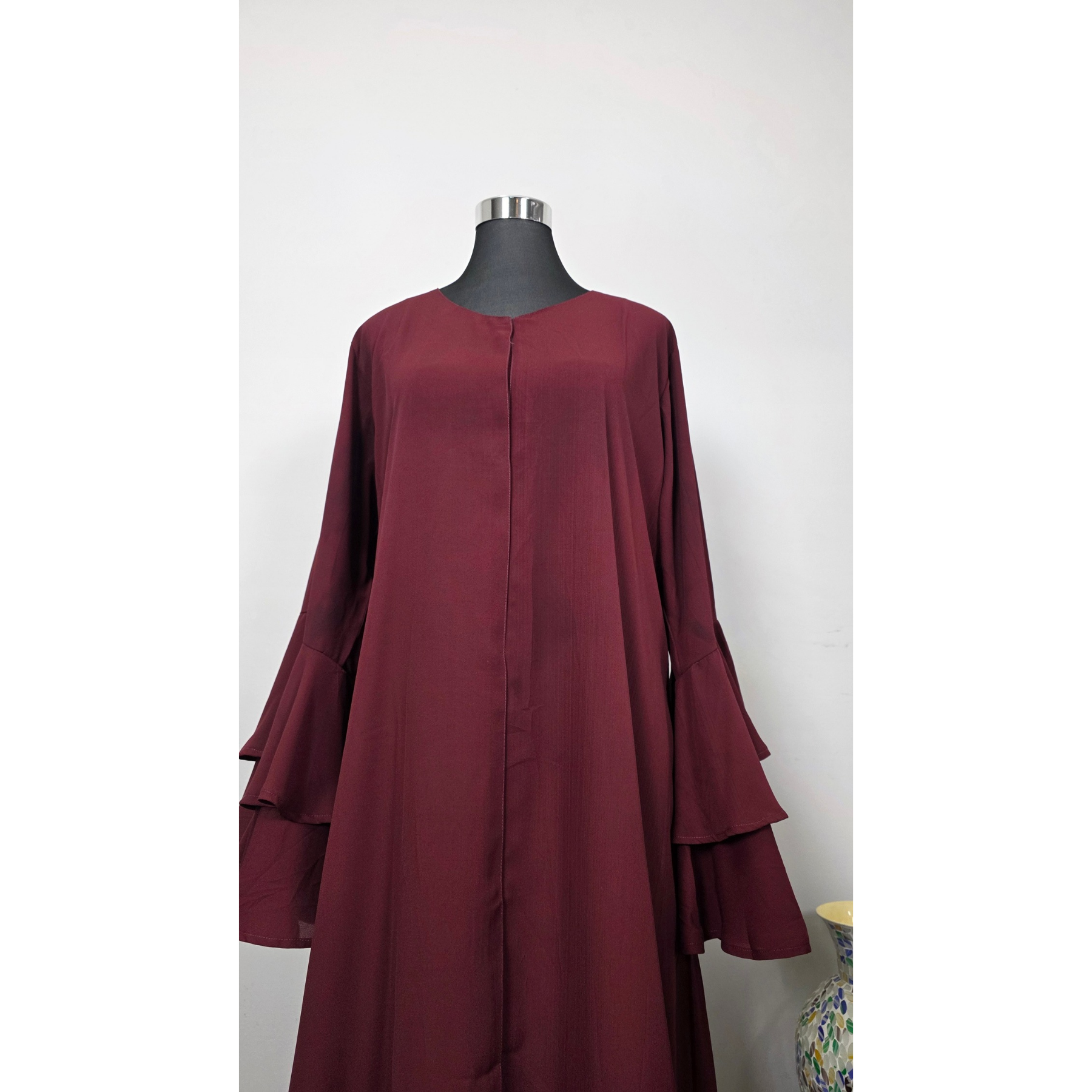 Burgundy Double Ruffle Bell Sleeve Dress