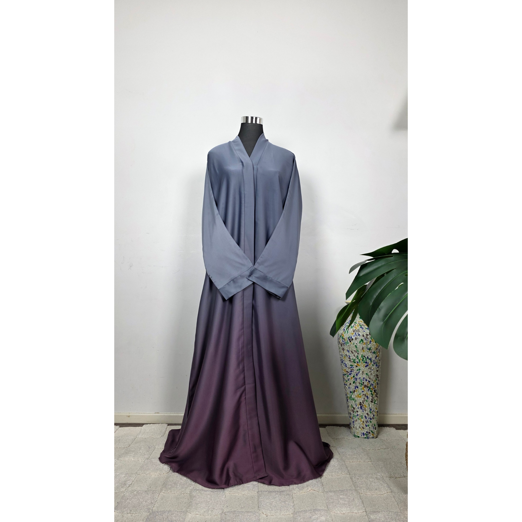 Satin Grey and Plum Tie & Dye Ombré Abaya